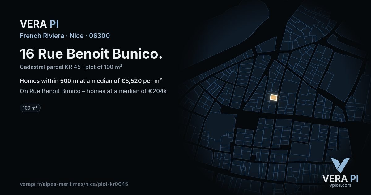 16 Rue Benoit Bunico, Nice at night – the plot lit, the parcels around coloured by the prices near them