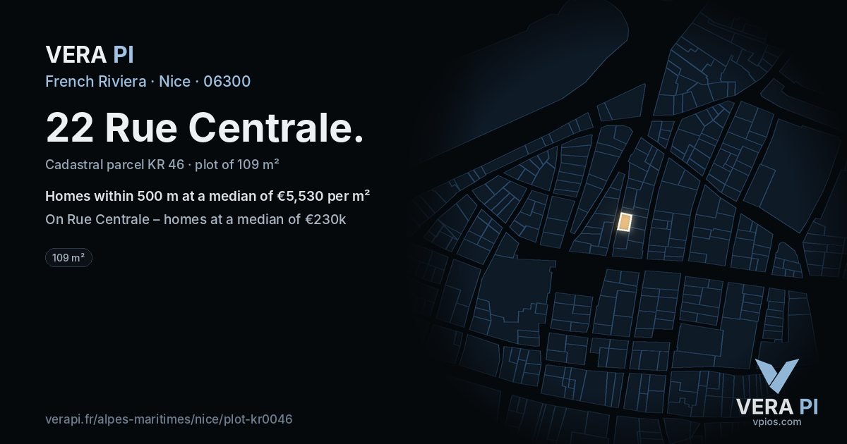22 Rue Centrale, Nice at night – the plot lit, the parcels around coloured by the prices near them