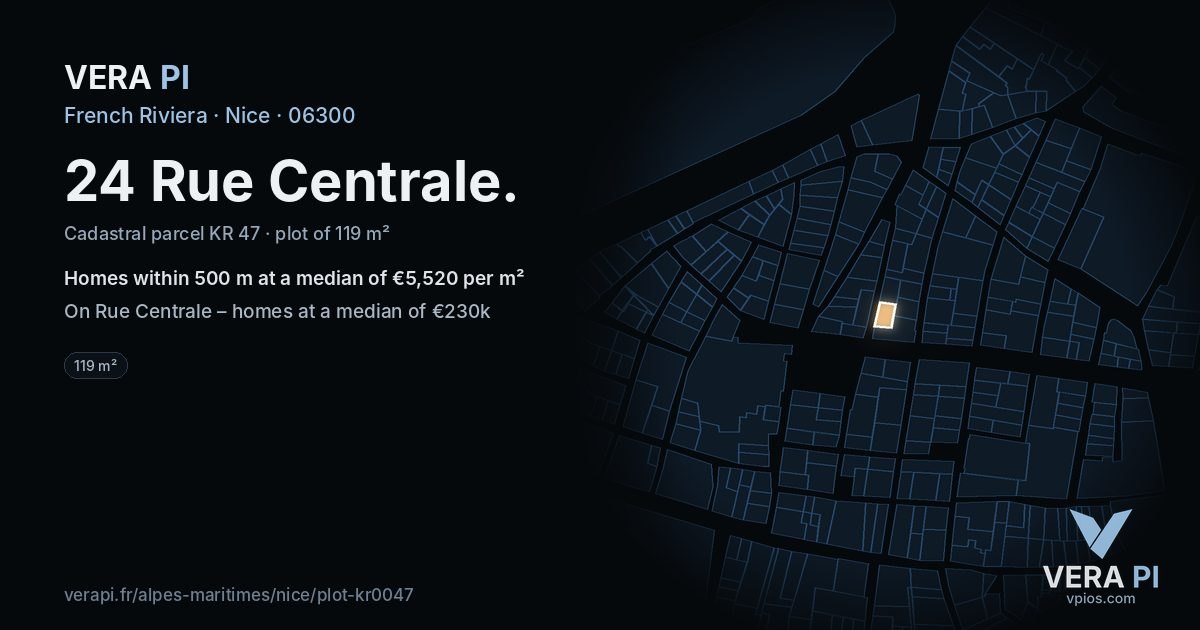 24 Rue Centrale, Nice at night – the plot lit, the parcels around coloured by the prices near them