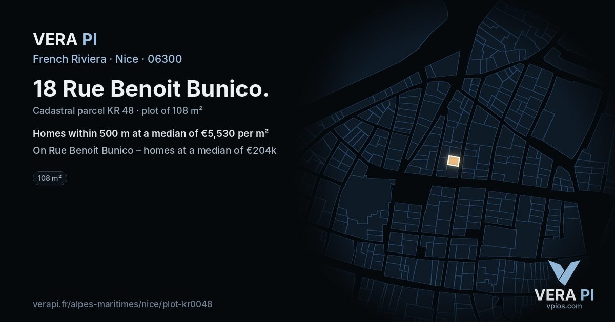 18 Rue Benoit Bunico, Nice at night – the plot lit, the parcels around coloured by the prices near them