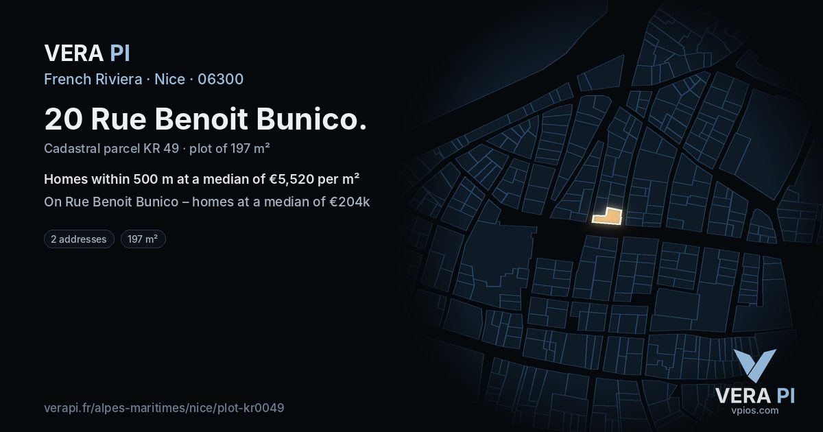 20 Rue Benoit Bunico, Nice at night – the plot lit, the parcels around coloured by the prices near them