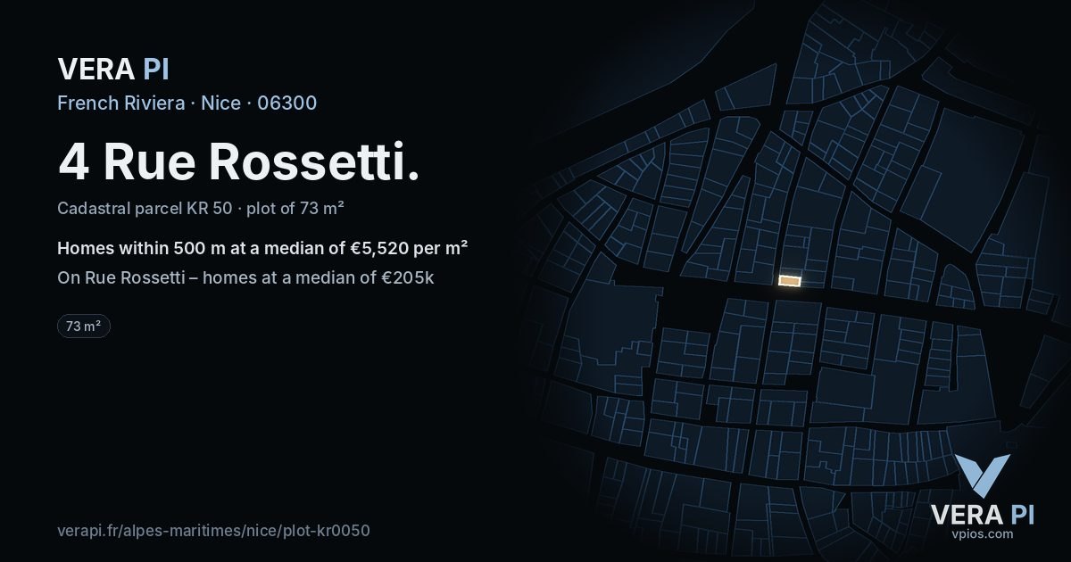 4 Rue Rossetti, Nice at night – the plot lit, the parcels around coloured by the prices near them