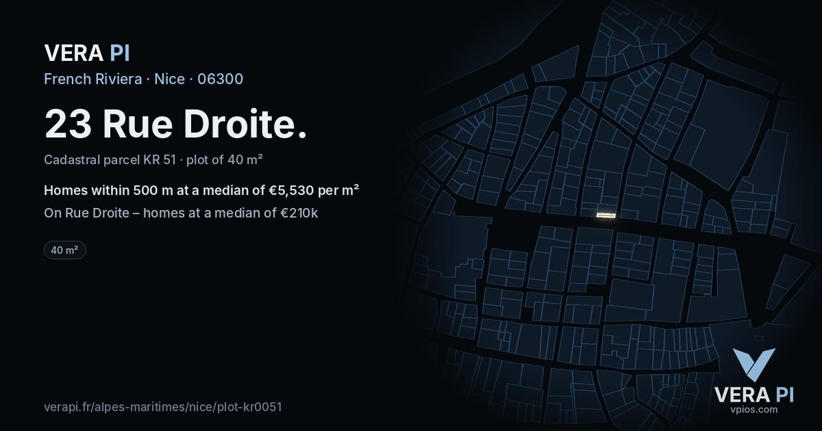23 Rue Droite, Nice at night – the plot lit, the parcels around coloured by the prices near them