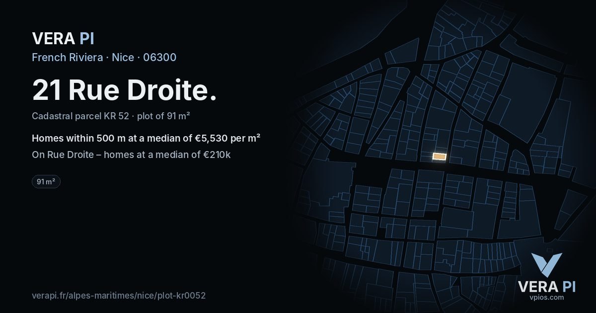 21 Rue Droite, Nice at night – the plot lit, the parcels around coloured by the prices near them