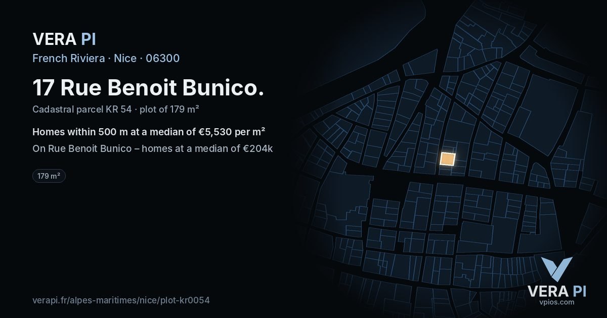 17 Rue Benoit Bunico, Nice at night – the plot lit, the parcels around coloured by the prices near them