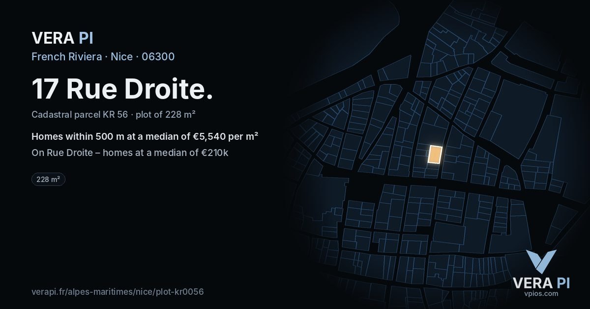 17 Rue Droite, Nice at night – the plot lit, the parcels around coloured by the prices near them