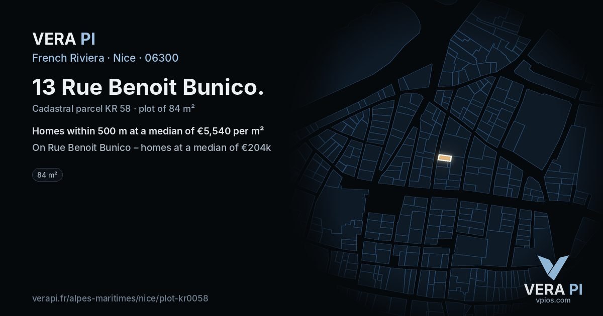 13 Rue Benoit Bunico, Nice at night – the plot lit, the parcels around coloured by the prices near them