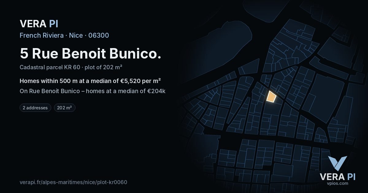 5 Rue Benoit Bunico, Nice at night – the plot lit, the parcels around coloured by the prices near them