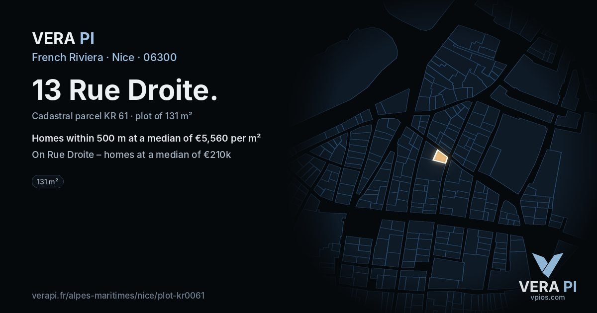 13 Rue Droite, Nice at night – the plot lit, the parcels around coloured by the prices near them