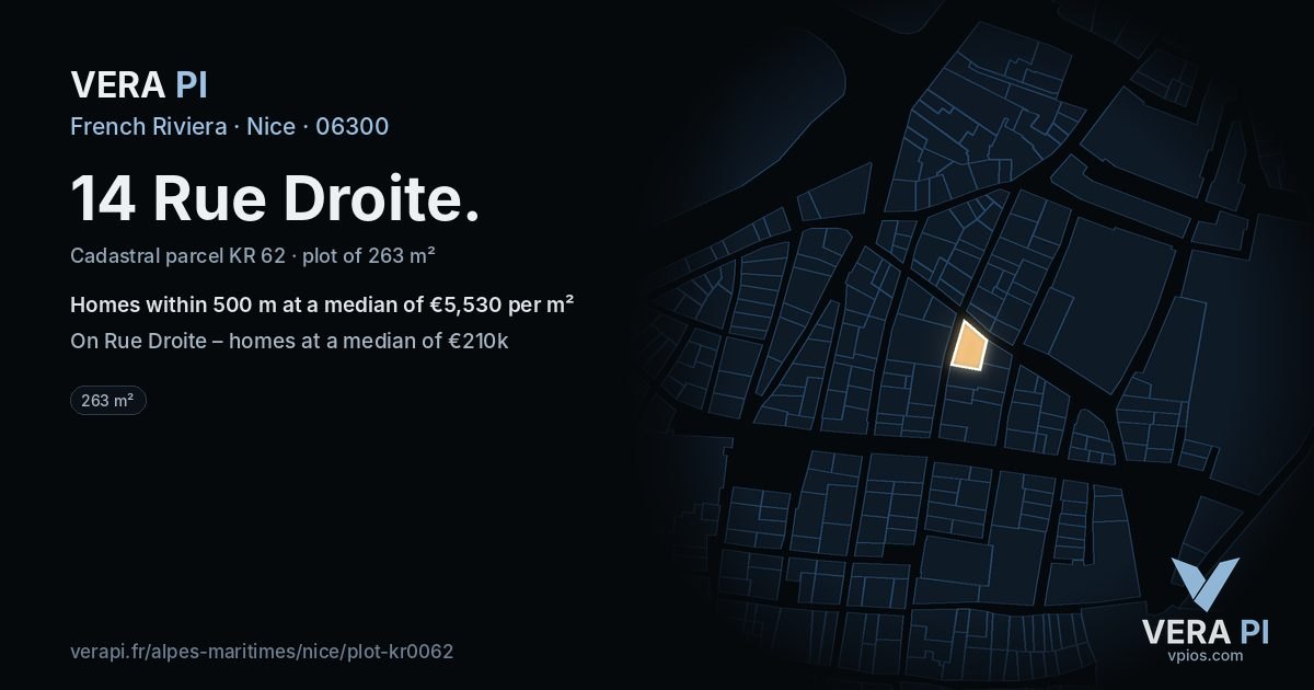14 Rue Droite, Nice at night – the plot lit, the parcels around coloured by the prices near them