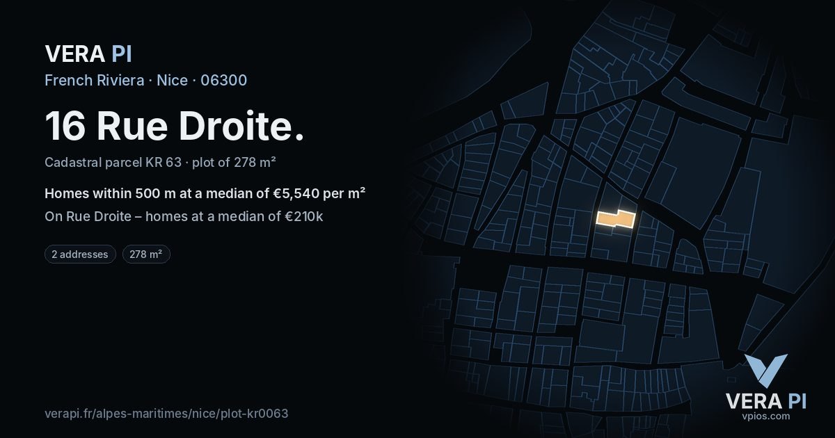 16 Rue Droite, Nice at night – the plot lit, the parcels around coloured by the prices near them