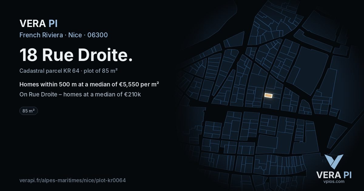 18 Rue Droite, Nice at night – the plot lit, the parcels around coloured by the prices near them