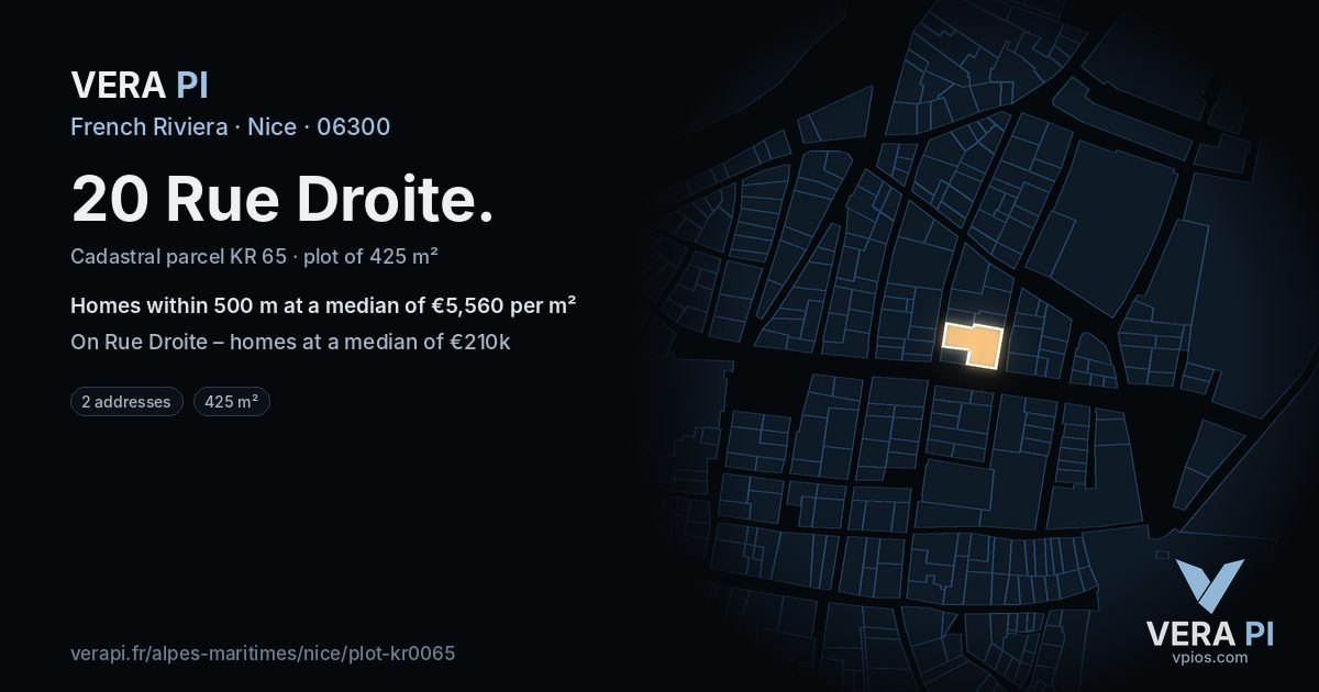 20 Rue Droite, Nice at night – the plot lit, the parcels around coloured by the prices near them