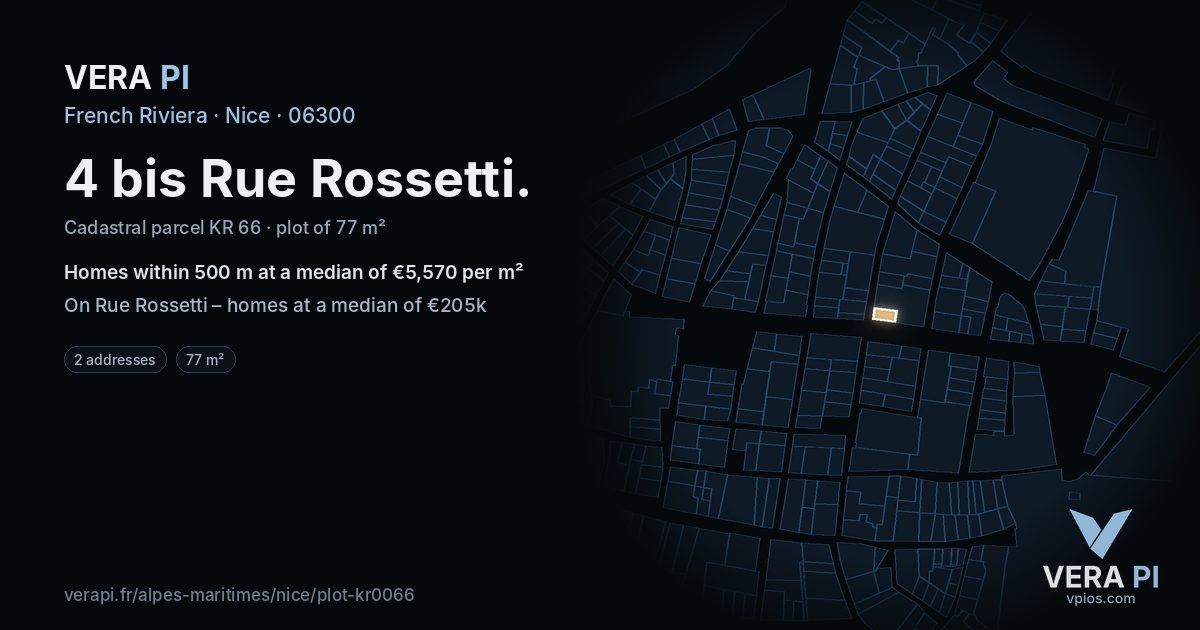 4 bis Rue Rossetti, Nice at night – the plot lit, the parcels around coloured by the prices near them