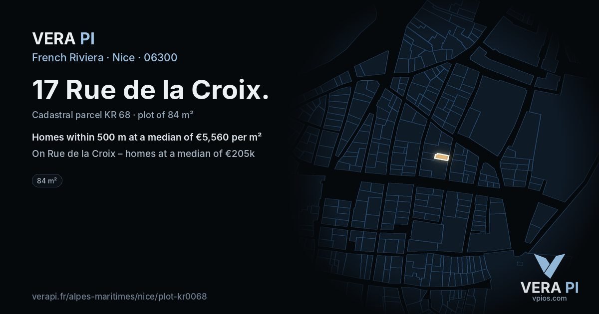 17 Rue de la Croix, Nice at night – the plot lit, the parcels around coloured by the prices near them