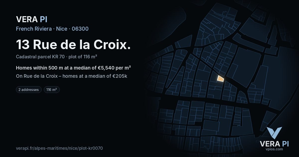 13 Rue de la Croix, Nice at night – the plot lit, the parcels around coloured by the prices near them