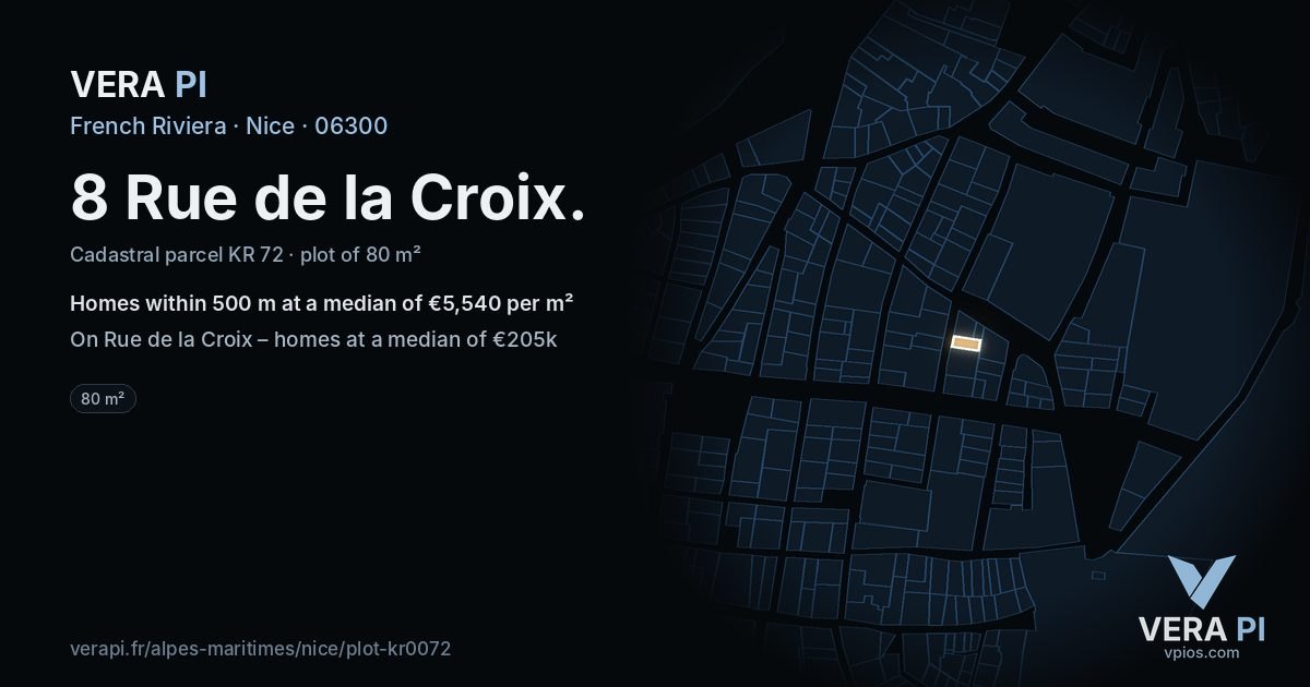 8 Rue de la Croix, Nice at night – the plot lit, the parcels around coloured by the prices near them