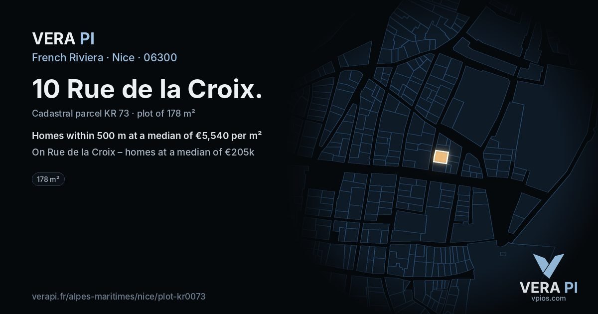 10 Rue de la Croix, Nice at night – the plot lit, the parcels around coloured by the prices near them