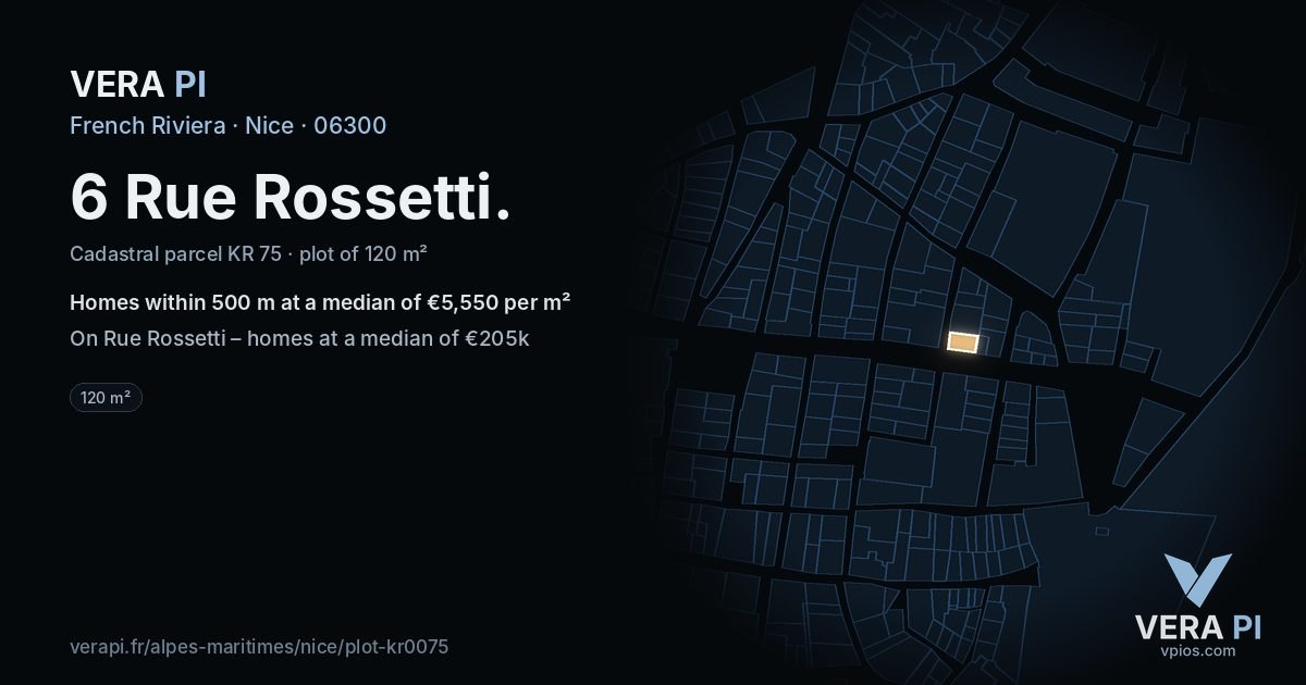 6 Rue Rossetti, Nice at night – the plot lit, the parcels around coloured by the prices near them