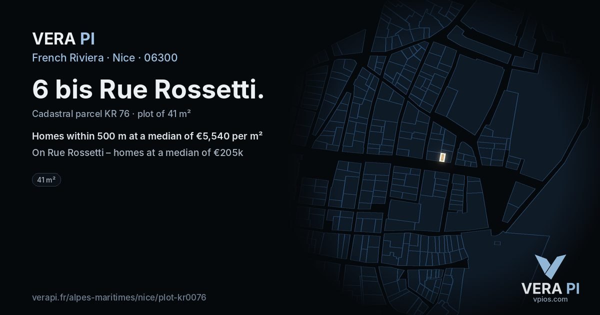 6 bis Rue Rossetti, Nice at night – the plot lit, the parcels around coloured by the prices near them