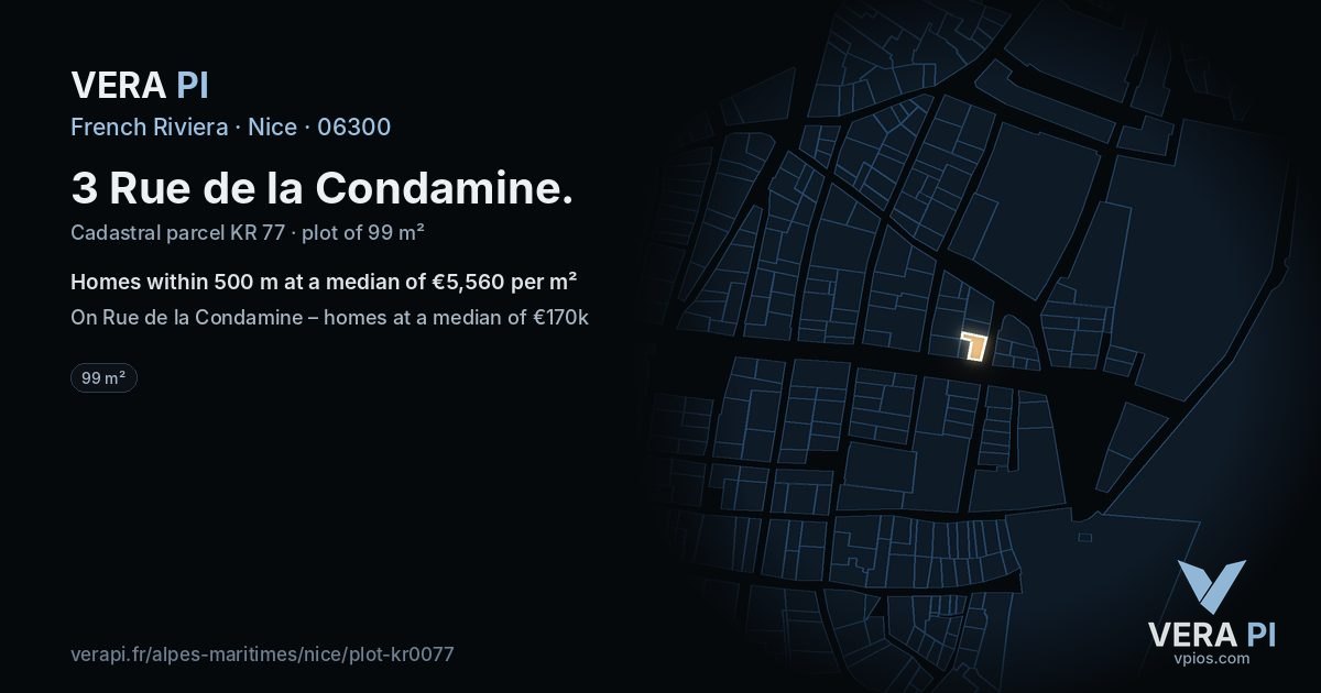 3 Rue de la Condamine, Nice at night – the plot lit, the parcels around coloured by the prices near them
