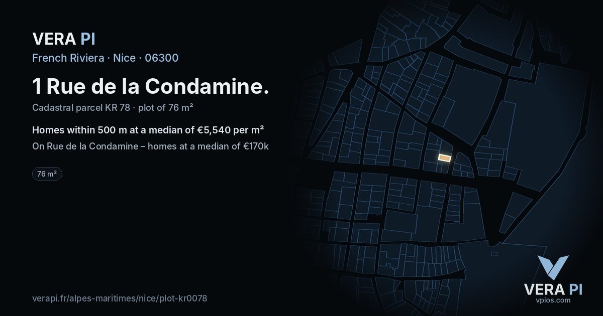 1 Rue de la Condamine, Nice at night – the plot lit, the parcels around coloured by the prices near them