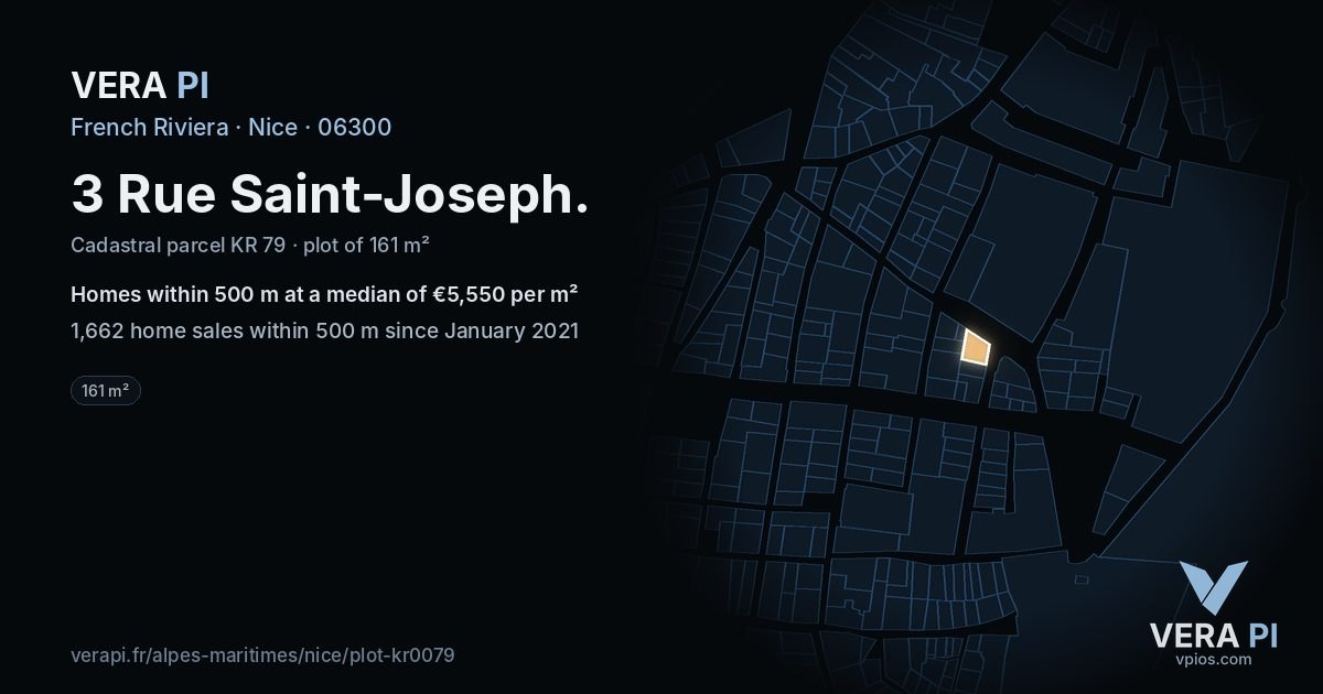 3 Rue Saint-Joseph, Nice at night – the plot lit, the parcels around coloured by the prices near them