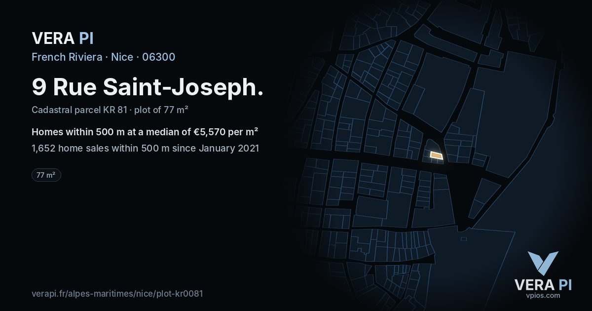 9 Rue Saint-Joseph, Nice at night – the plot lit, the parcels around coloured by the prices near them