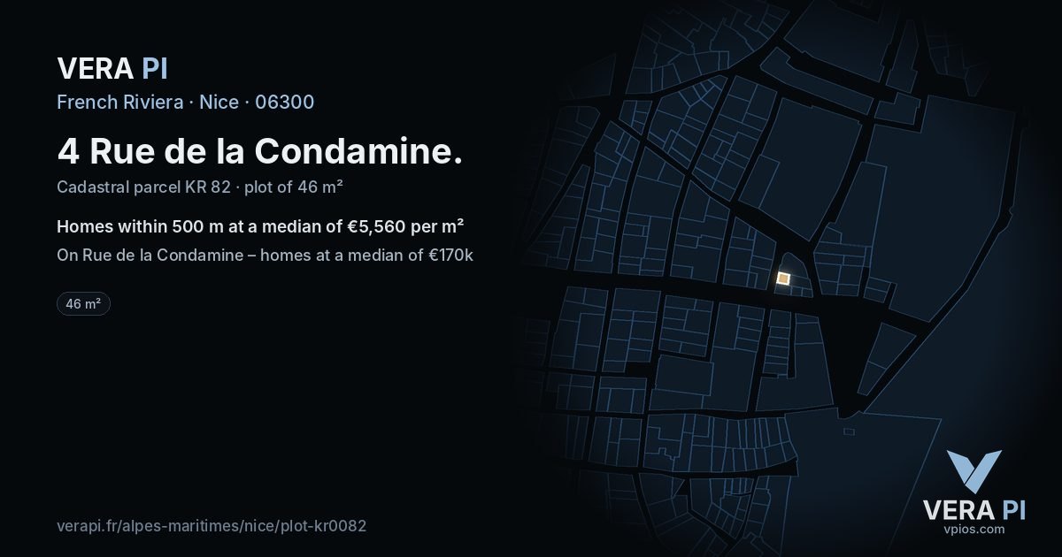 4 Rue de la Condamine, Nice at night – the plot lit, the parcels around coloured by the prices near them