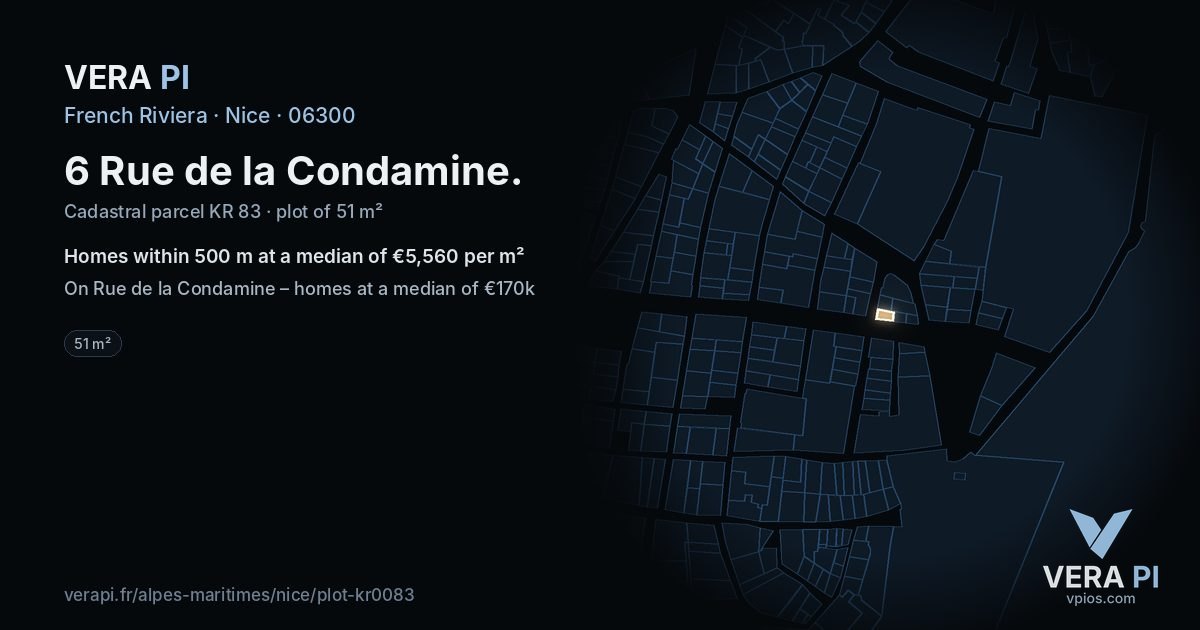 6 Rue de la Condamine, Nice at night – the plot lit, the parcels around coloured by the prices near them