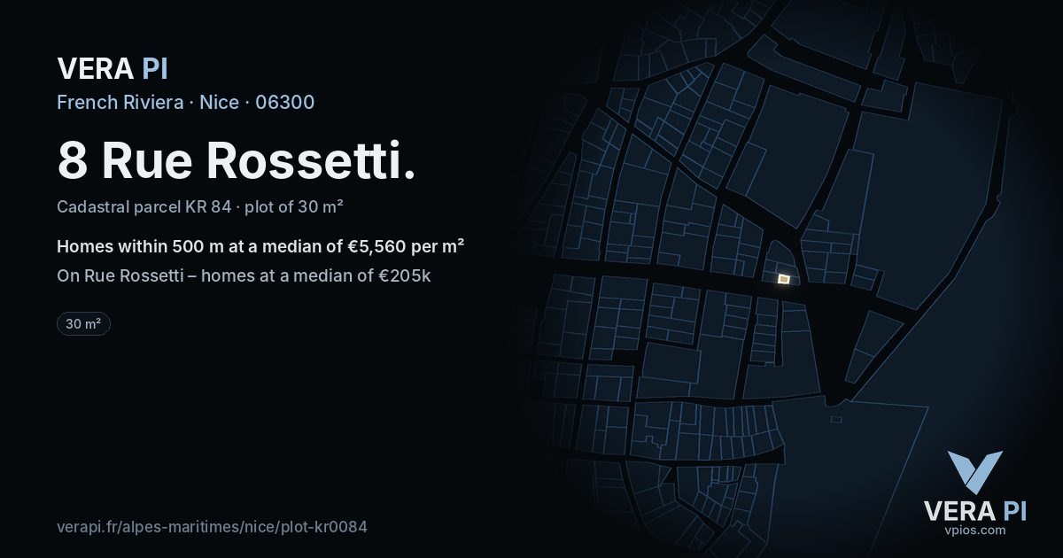 8 Rue Rossetti, Nice at night – the plot lit, the parcels around coloured by the prices near them