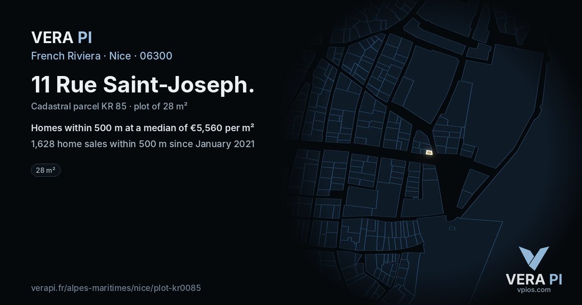 11 Rue Saint-Joseph, Nice at night – the plot lit, the parcels around coloured by the prices near them