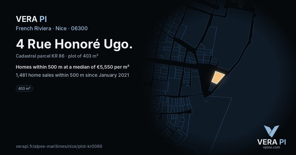 4 Rue Honoré Ugo, Nice at night – the plot lit, the parcels around coloured by the prices near them