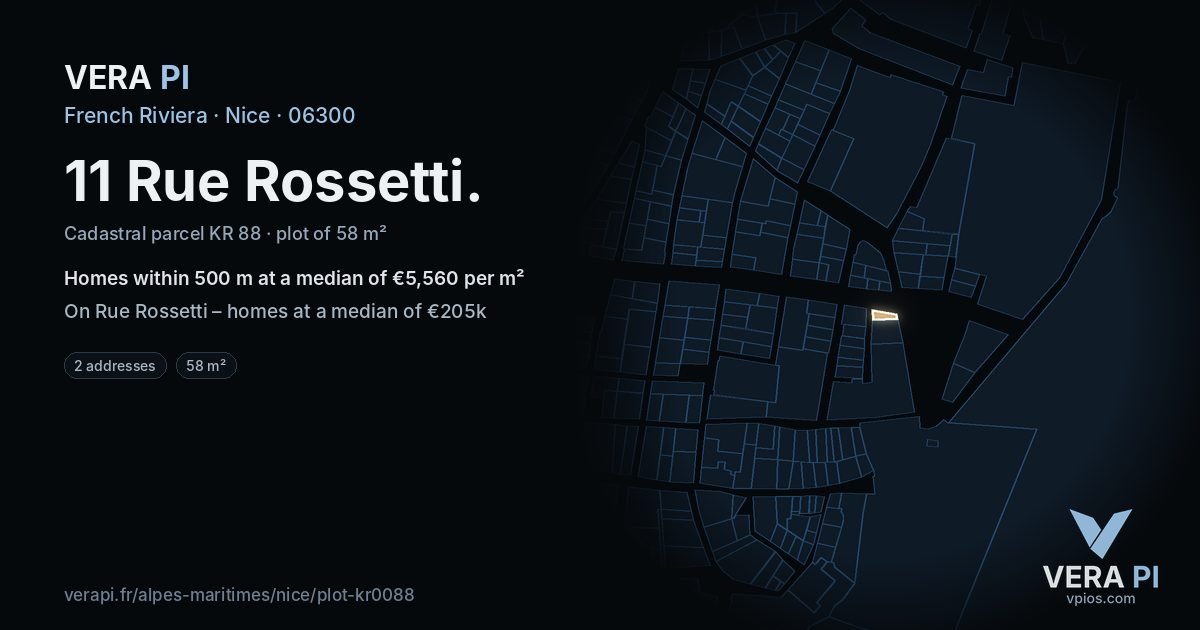 11 Rue Rossetti, Nice at night – the plot lit, the parcels around coloured by the prices near them