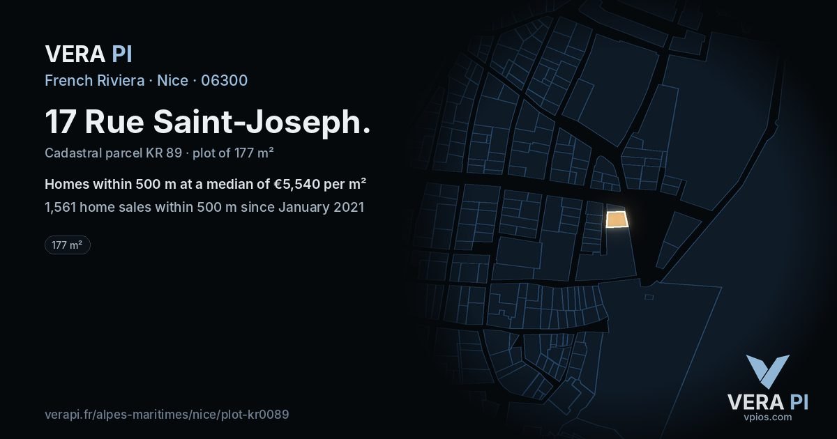 17 Rue Saint-Joseph, Nice at night – the plot lit, the parcels around coloured by the prices near them