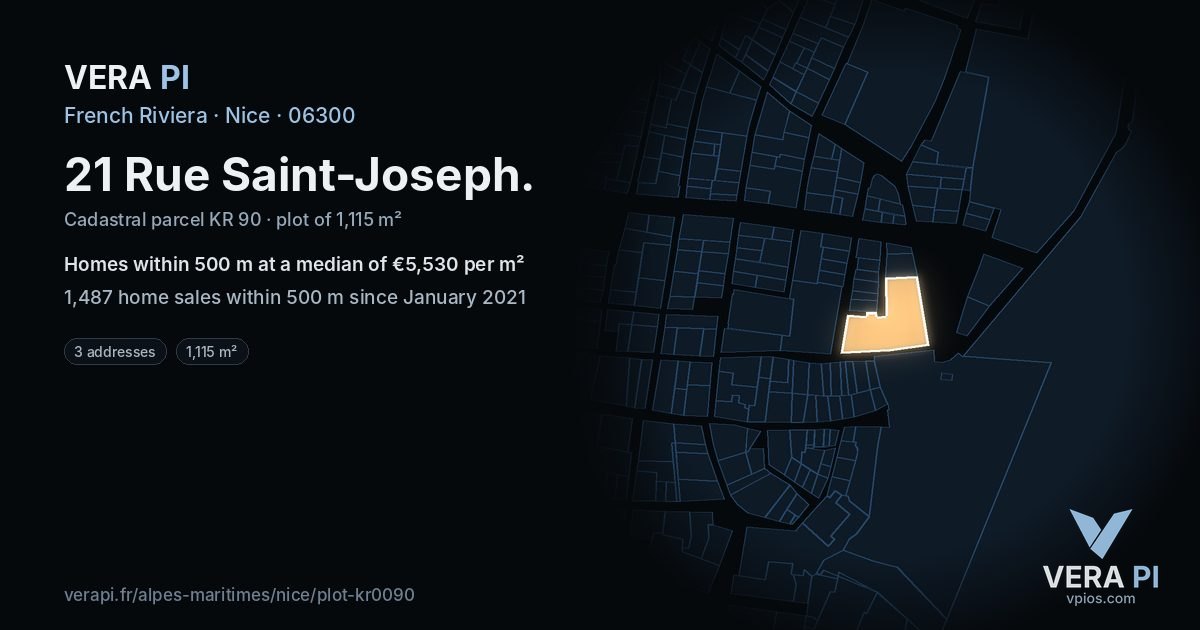21 Rue Saint-Joseph, Nice at night – the plot lit, the parcels around coloured by the prices near them