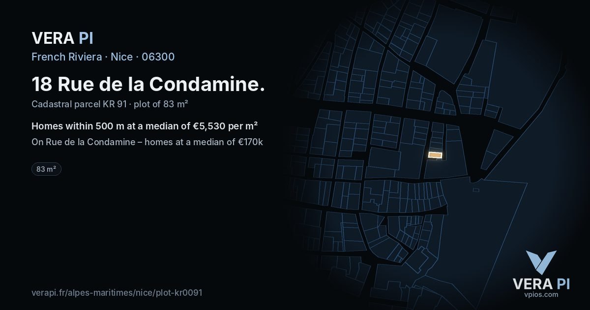 18 Rue de la Condamine, Nice at night – the plot lit, the parcels around coloured by the prices near them