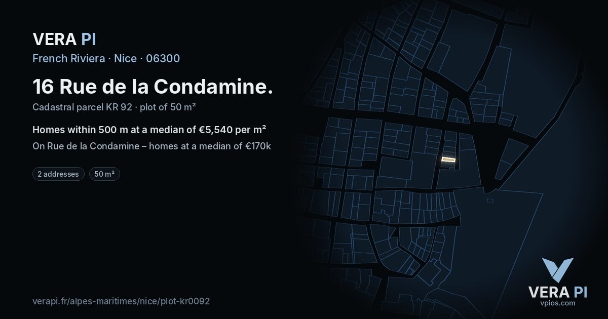 16 Rue de la Condamine, Nice at night – the plot lit, the parcels around coloured by the prices near them