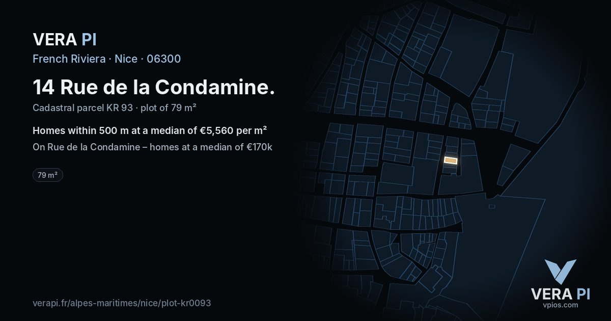 14 Rue de la Condamine, Nice at night – the plot lit, the parcels around coloured by the prices near them