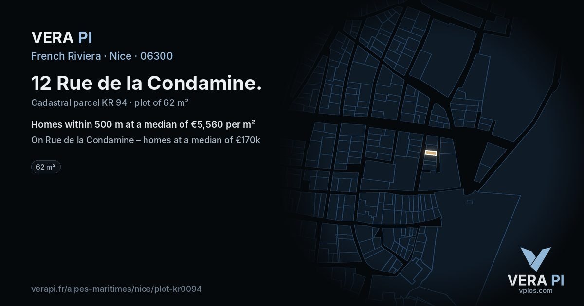 12 Rue de la Condamine, Nice at night – the plot lit, the parcels around coloured by the prices near them