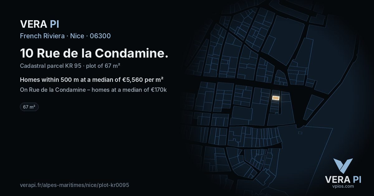 10 Rue de la Condamine, Nice at night – the plot lit, the parcels around coloured by the prices near them