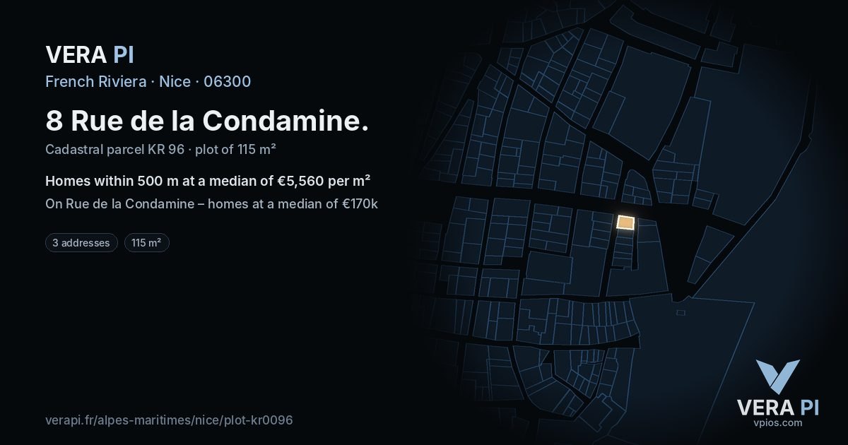 8 Rue de la Condamine, Nice at night – the plot lit, the parcels around coloured by the prices near them