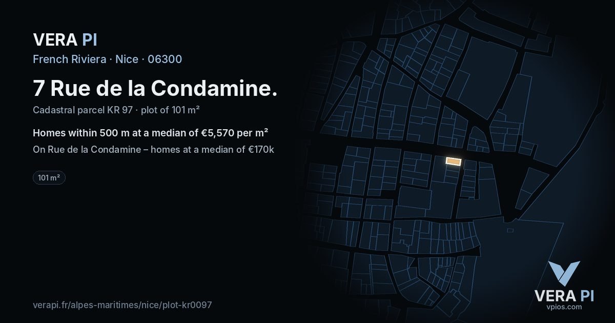 7 Rue de la Condamine, Nice at night – the plot lit, the parcels around coloured by the prices near them
