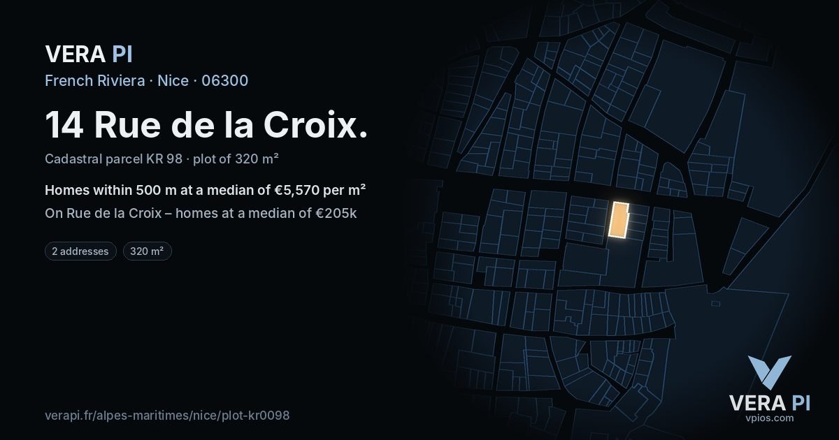 14 Rue de la Croix, Nice at night – the plot lit, the parcels around coloured by the prices near them