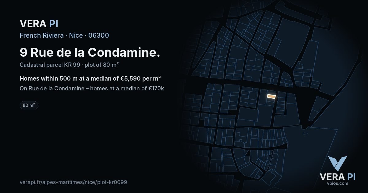 9 Rue de la Condamine, Nice at night – the plot lit, the parcels around coloured by the prices near them