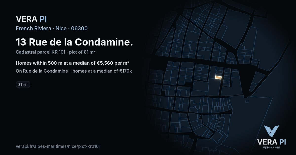 13 Rue de la Condamine, Nice at night – the plot lit, the parcels around coloured by the prices near them
