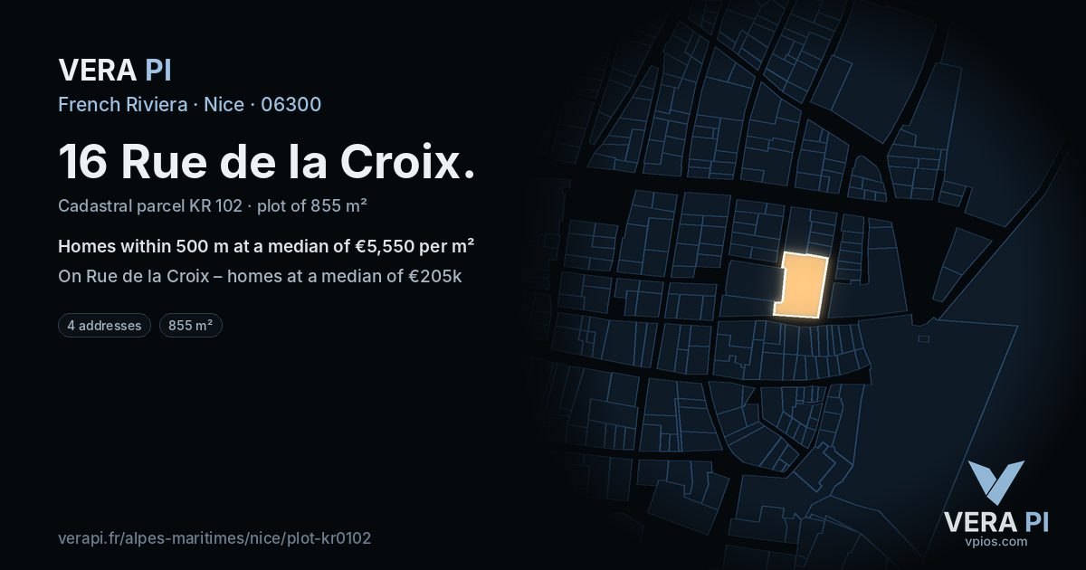 16 Rue de la Croix, Nice at night – the plot lit, the parcels around coloured by the prices near them