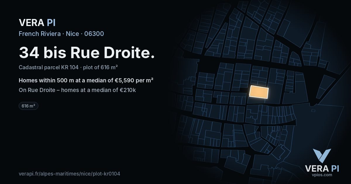 34 bis Rue Droite, Nice at night – the plot lit, the parcels around coloured by the prices near them