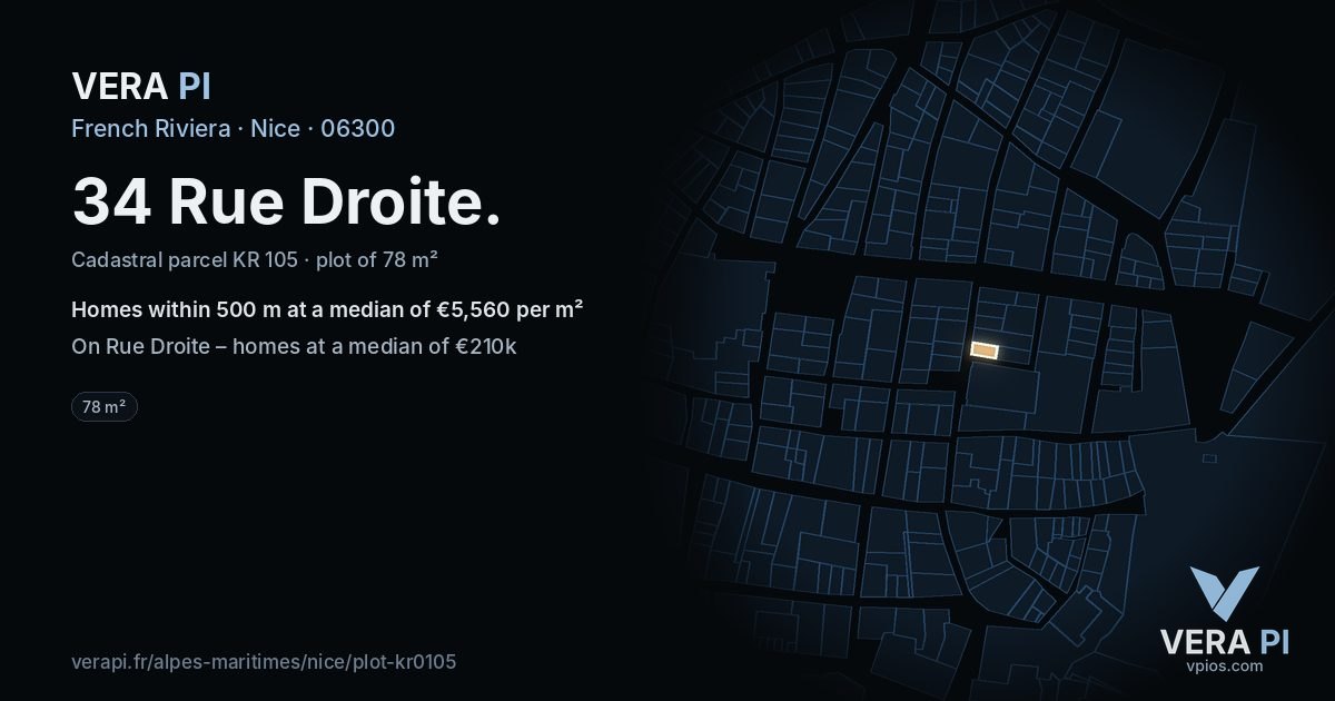 34 Rue Droite, Nice at night – the plot lit, the parcels around coloured by the prices near them