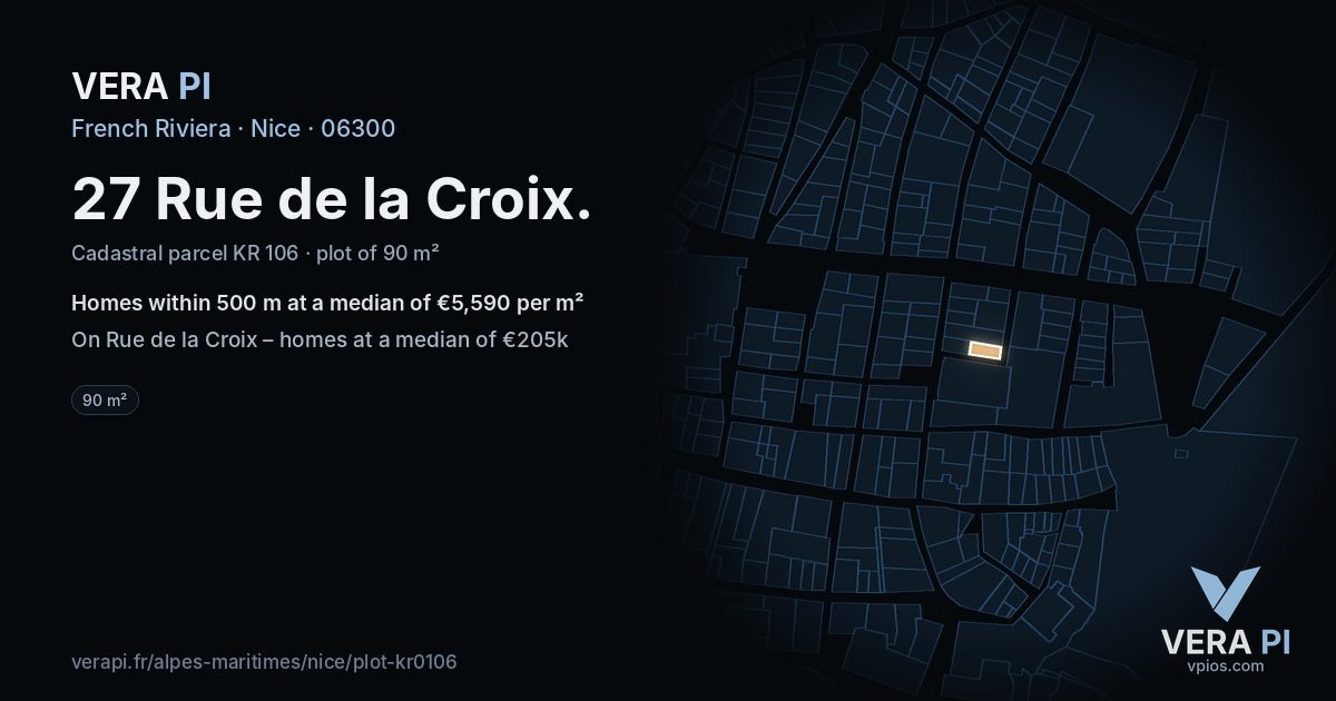 27 Rue de la Croix, Nice at night – the plot lit, the parcels around coloured by the prices near them